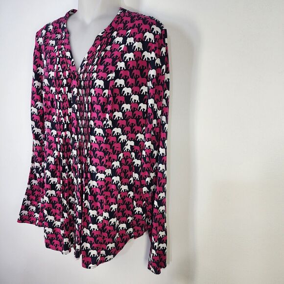 Crown & Ivy Shirt Womens Small Navy Pink Elephant Print Pleated Long Tab Sleeve - Picture 5 of 8